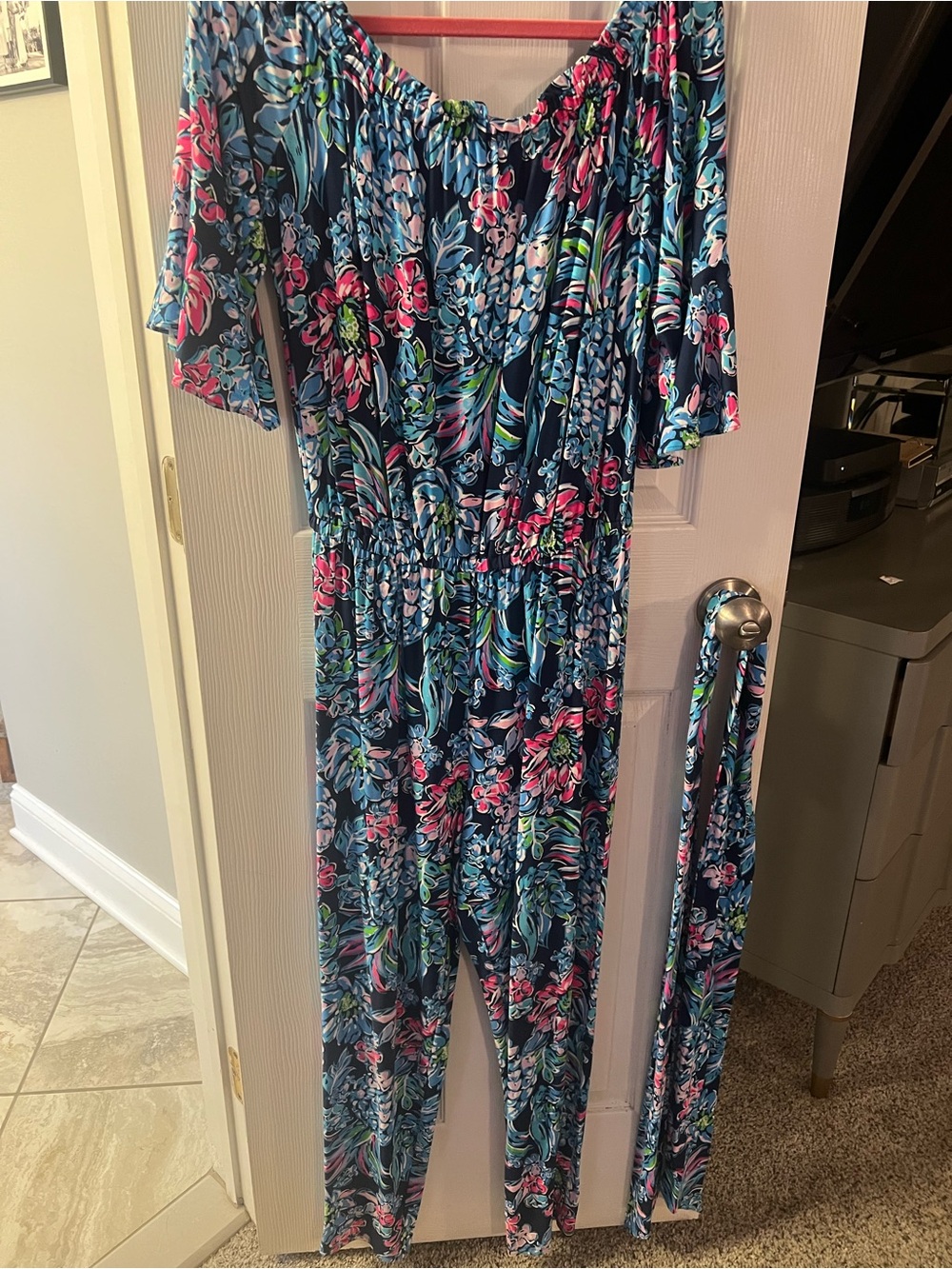 Lilly Pulitzer Navy Floral Off-Shoulder One-Piece Romper with belt.